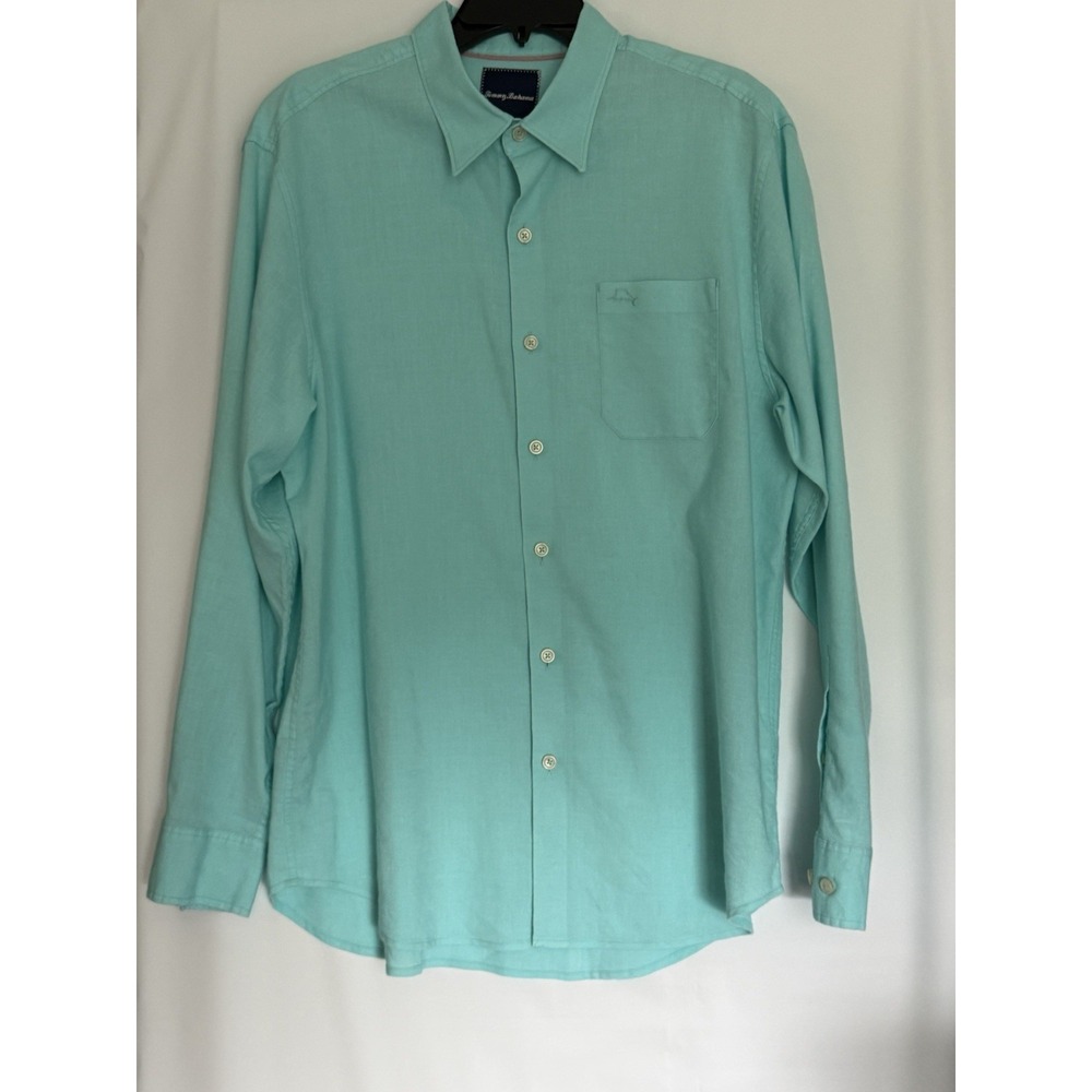 Tommy Bahama Shirt Men's L Teal Green Linen Blend Chambray Long Sleeve Hawaiian